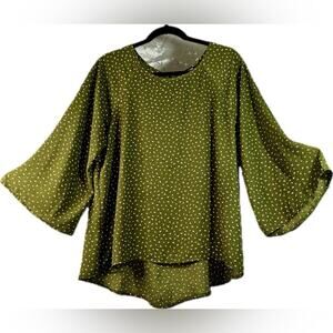 Olive Green XL Blouse Dainty Pink Flowers Bell Sleeves High Low Fairy Gold Zip